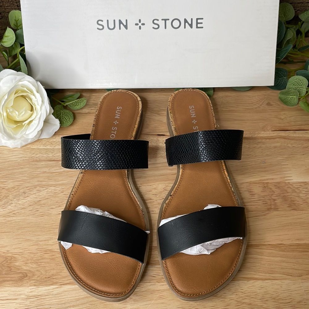 Sun + Stone Black Easten Slide Sandals 7.5M